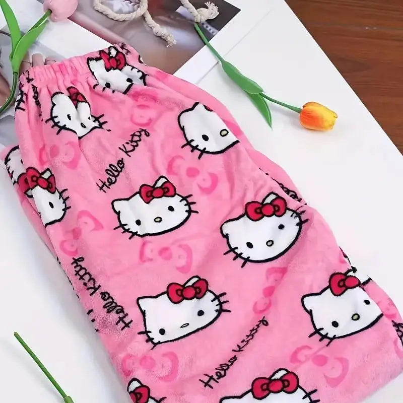 Sanrio Hello Kitty Y2k Kawaii Anime Flannel Pajamas Women'S Warm Woolen Cartoon Casual Home Pants Autumn Winter Fashion Trousers