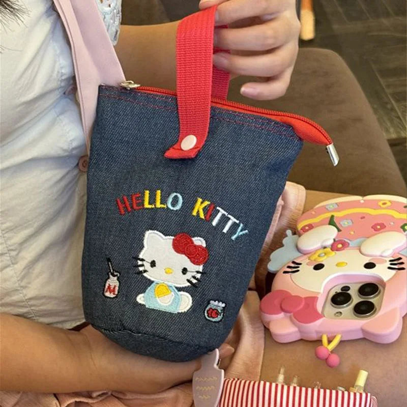 New Fashion Hello Kitty Embroidered Cowboy Pencil Bag Kawaii Striped Zipper Versatile Outward Handbag Exquisite Storage Bag Gift