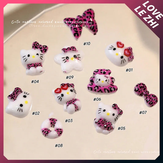 20 PCS Cartoon Leopard Print Hello Kitty Nail Tips Charms Ornament Acrylic Diy Sunglasses Bowknot Party Sticker Nail Accessories