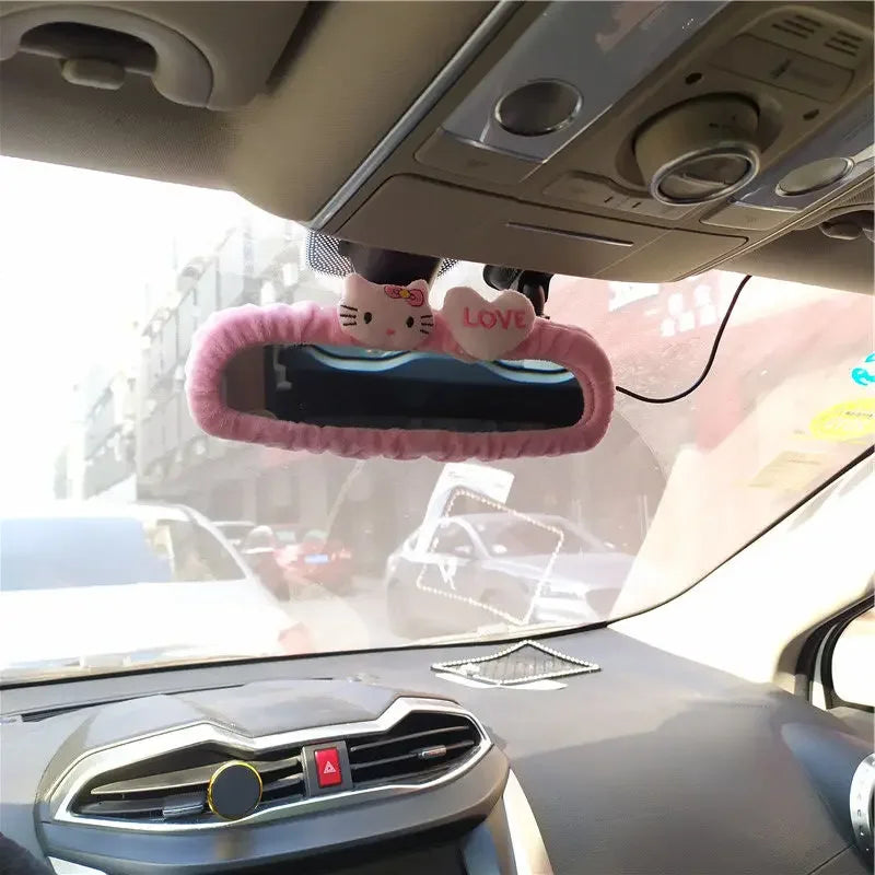 Hello Kitty Car Rearview Mirror Cover Cartoon Flannel Auto Rear View Mirror Decoration Automotive Interior Accessories