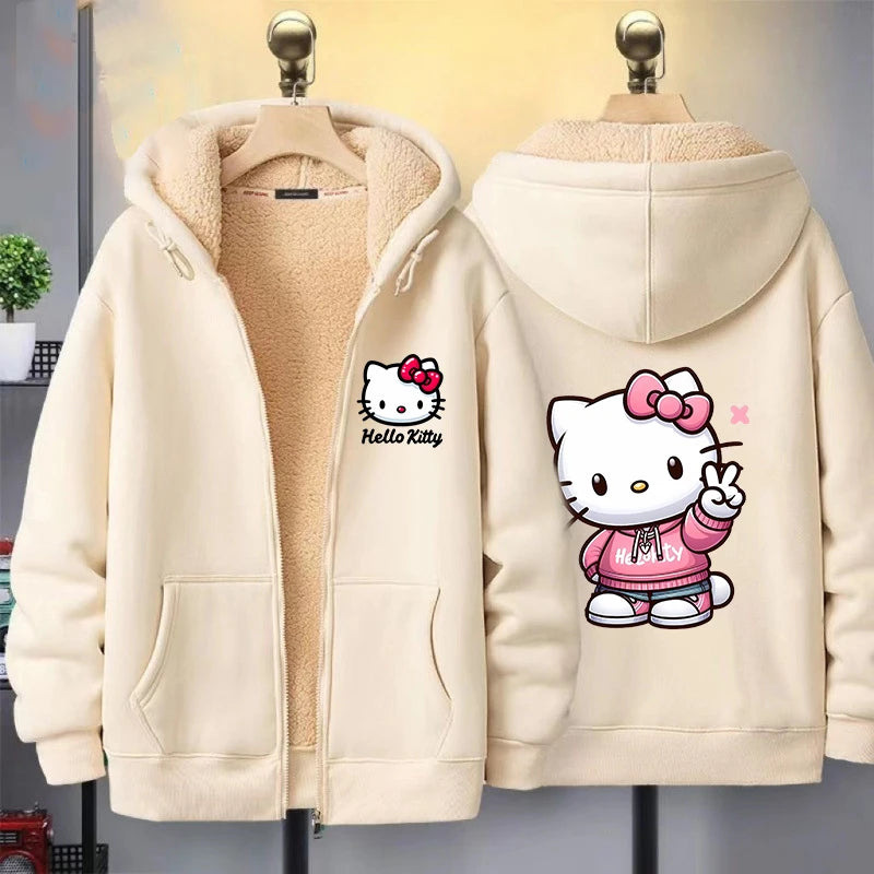 Hello Kitty Women's Zipper Hoodie Autumn and Winter New Cute Kawaii Pattern Sweatshirt Streetwear Girl Lady Clothing Coat