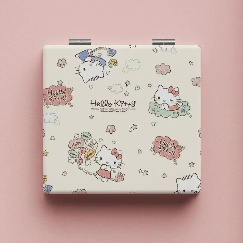 Kawaii Makeup Mirrors Hello Kitty Cartoon Ins Double-sided Mirror Frame PU Leather Cover Carry Folding MiNi Mirror Gift