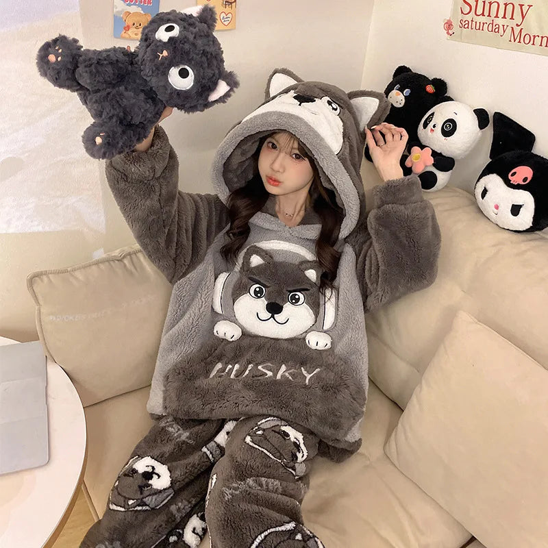 Crayon Shin-Chan Winter Pajama Set Thickened Coral Velvet Hooded Pajamas Set Cartoon Couple Style Pajama Set Holiday Gift Toy