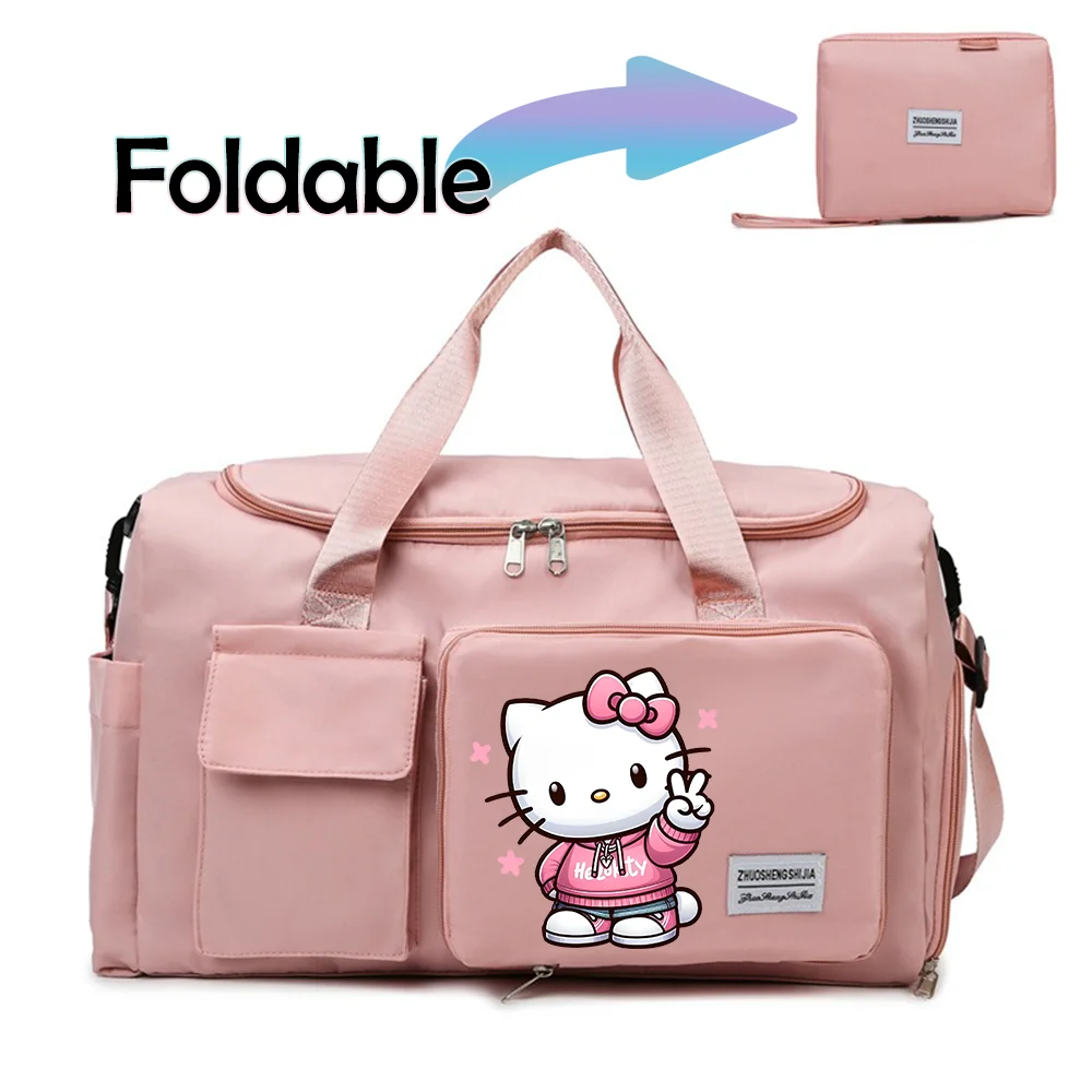 Hello Kitty Cartoon Travel Bag Large Capacity Storage Shoulder Bags Gym Duffle Pack with Shoe Compartment Portable HandBag