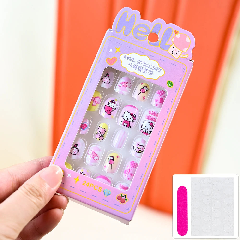 24Pcs Cartoon Hello Kitty Press on Nails Sanrio Series Pink/Blue/Purple Kuromi Kawaii Fake Nail for 6 years+ School Girl