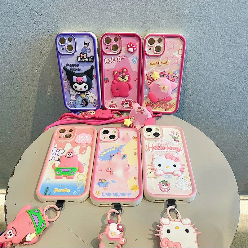 Crossbody 3D Cartoon Hello Kitty Kuromi Phone Case For iPhone 6 6S 7 8 Plus X Xs Max 11 Pro Max Lotso Bear Toy Strap Cover