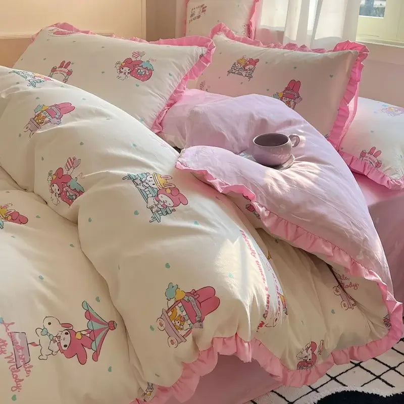 Hello Kitty Cinnamoroll My melody Kuromi new cute cartoon active printing pure cotton edge quilt cover bed sheet three-piece set