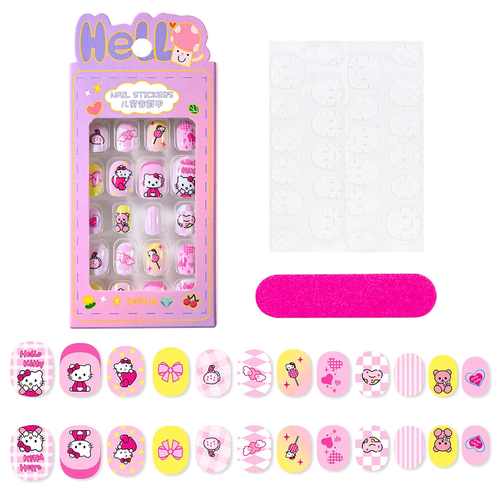 24Pcs Cartoon Hello Kitty Press on Nails Sanrio Series Pink/Blue/Purple Kuromi Kawaii Fake Nail for 6 years+ School Girl