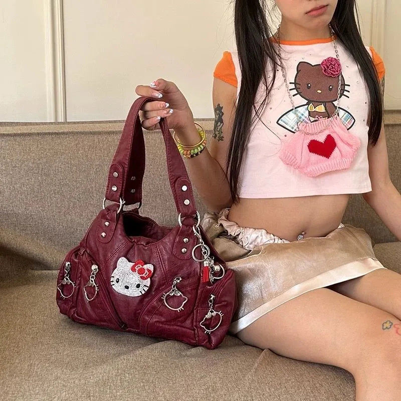 Vintage Shoulder Bag for Women Cute Hello Kitty Luxury Designer Handbag Pu Leather Fashion Original Ladies Armpit Bag