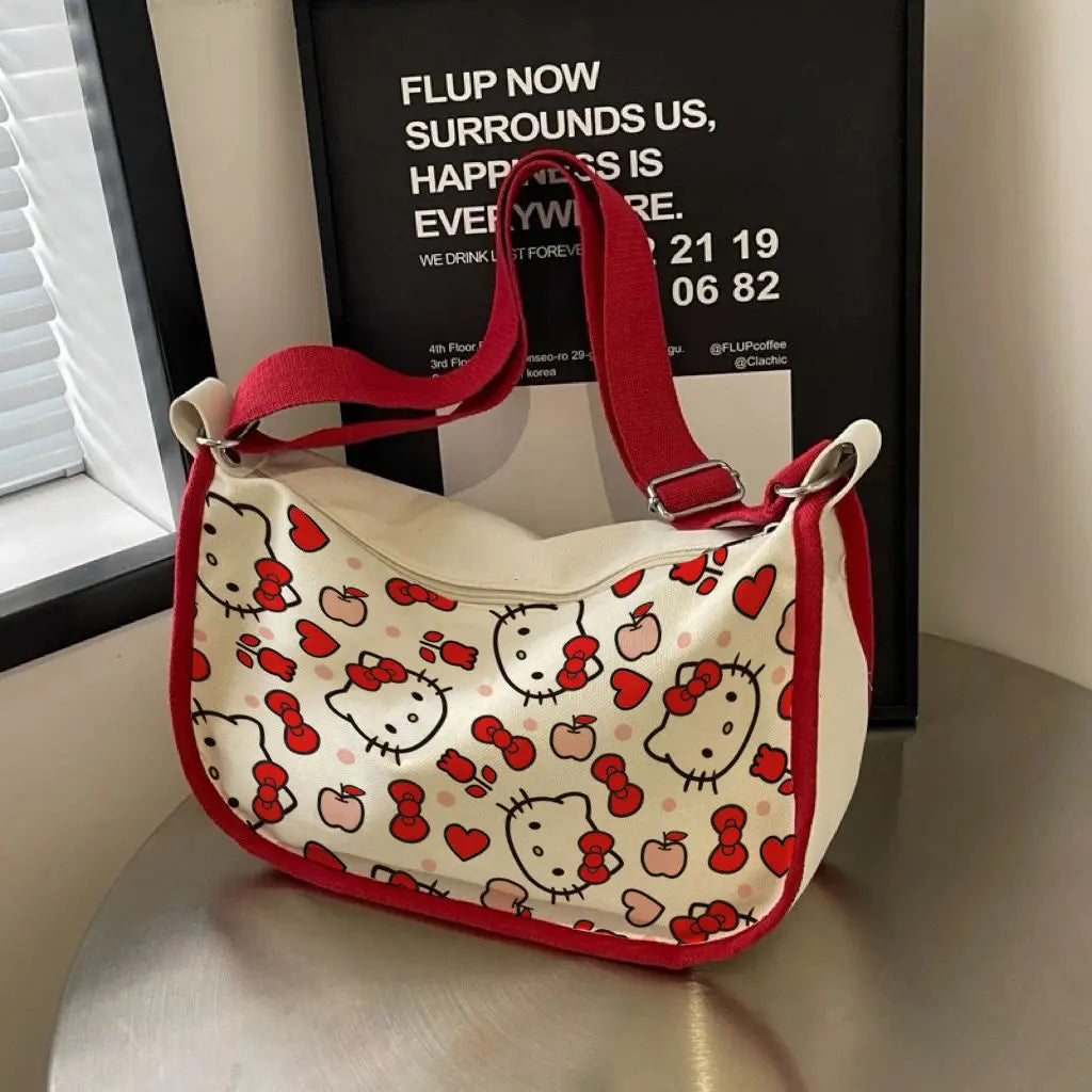 Hello Kitty Anime Kawaii MINISO Ins Fashion Canvas Bag Cute Cartoon Large Capacity Shoulder All Match Student Bag Gifts Toys