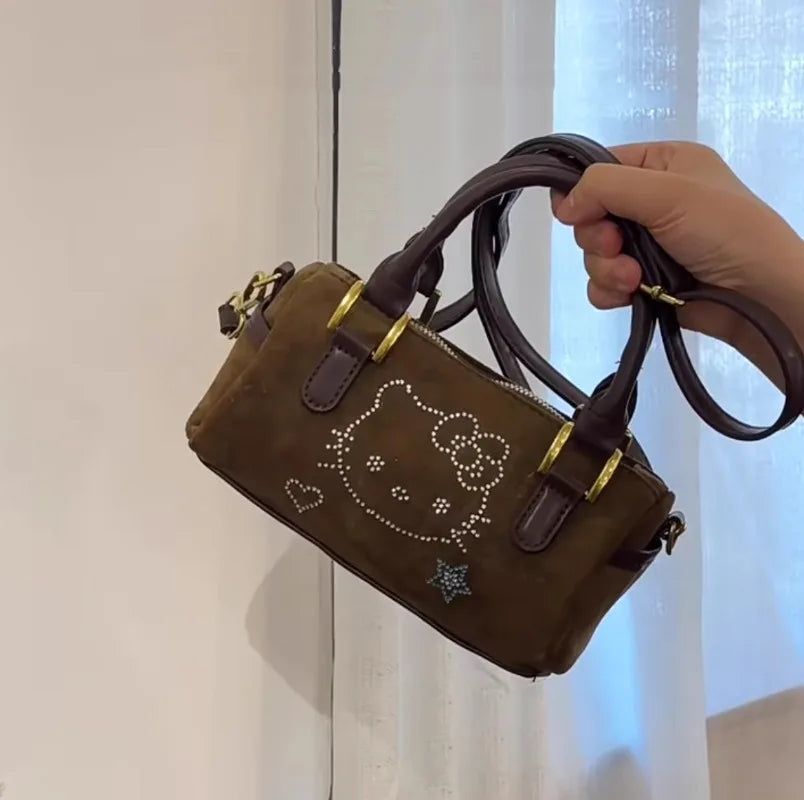 Y2k Hello Kitty Shoulder Bag for Women Vintage Cute Brown Barrel-shaped Handbag Fashion Kawaii New Female Aesthetic Bags