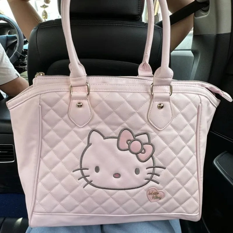 Pink Tote Bags for Women Hello Kitty Embroidery Cartoon Fashion Shoulder Bag Cute Large Capacity Kawaii Female New Handbag