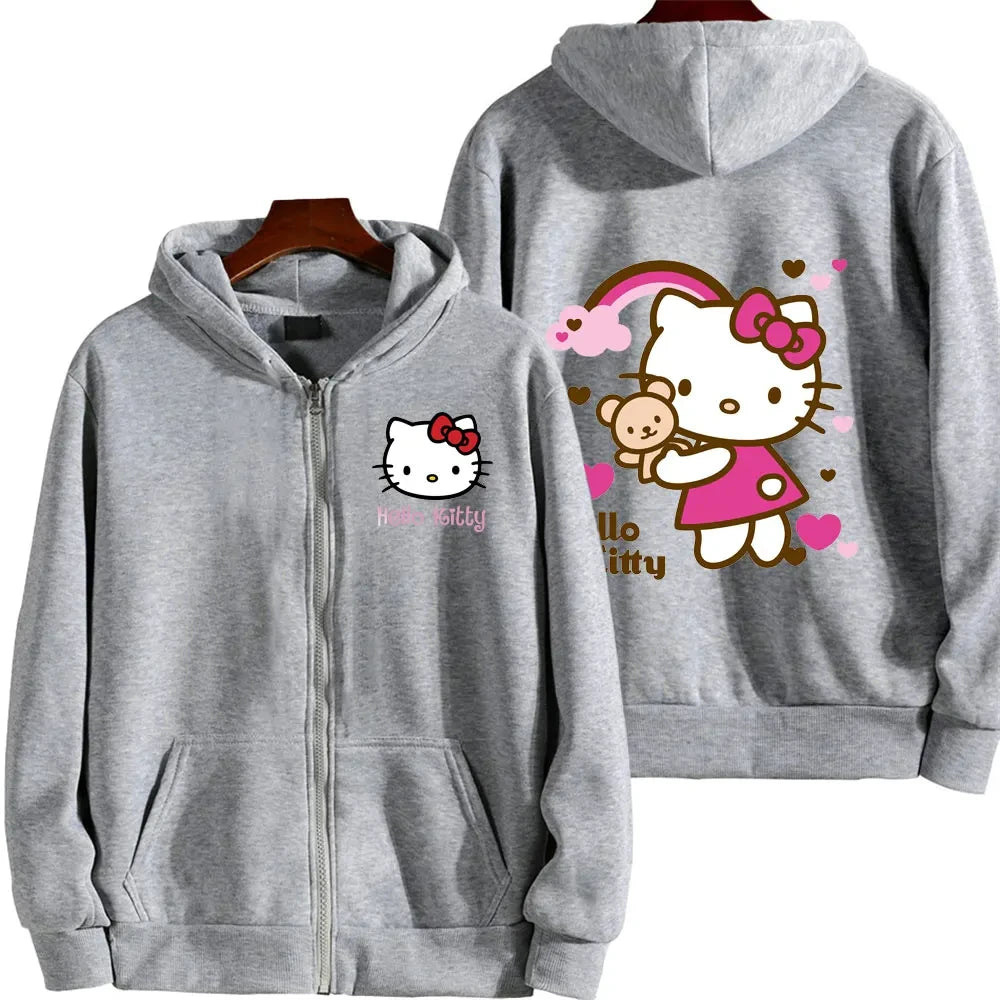 Women's Zipper Hoodie Autumn and Winter New Cute Kawaii Hello Kitty Pattern Sweatshirt 2025 Streetwear Women's Clothing