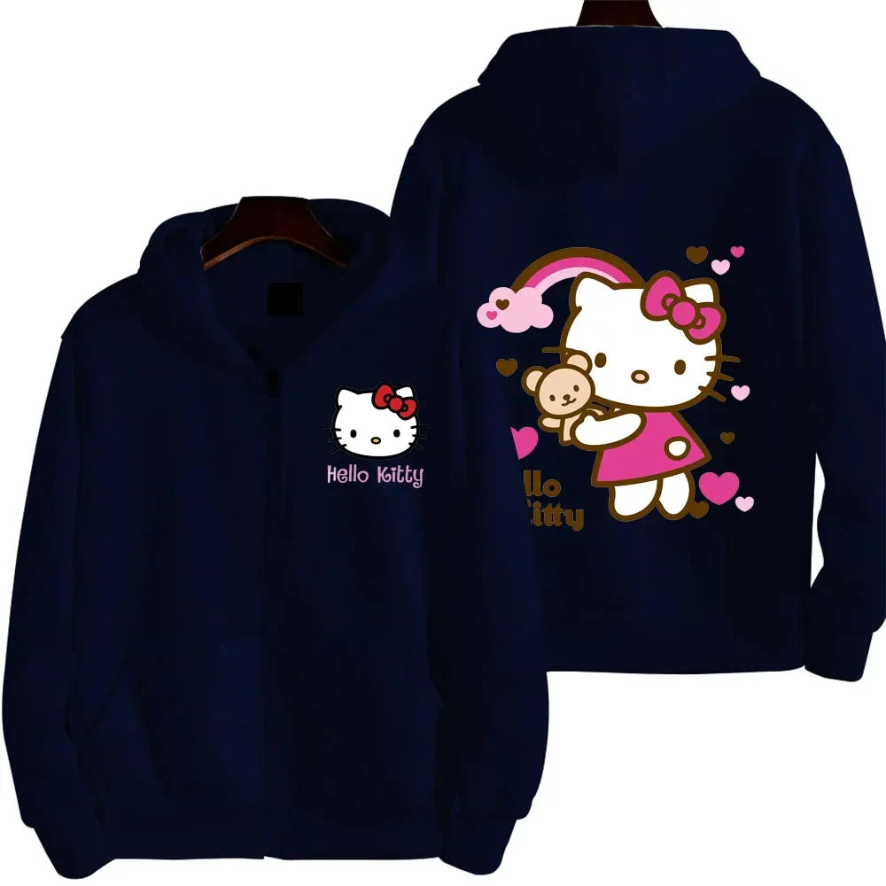 Women's Zipper Hoodie Autumn and Winter New Cute Kawaii Hello Kitty Pattern Sweatshirt 2025 Streetwear Women's Clothing