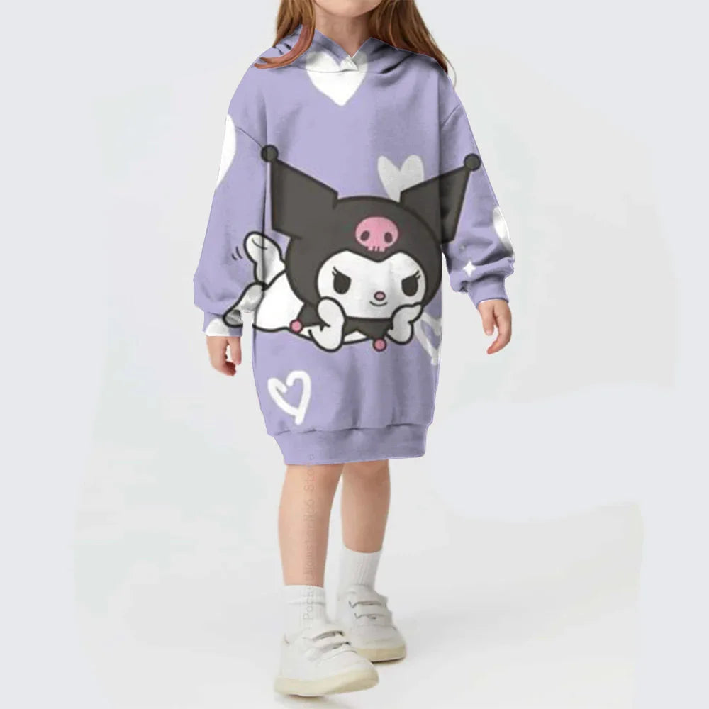 Autumn/winter Children's Hello Kitty Kuromi print Sweater Clothes Suit Hooded Solid Color Fashion Sweater Dress Comfortable