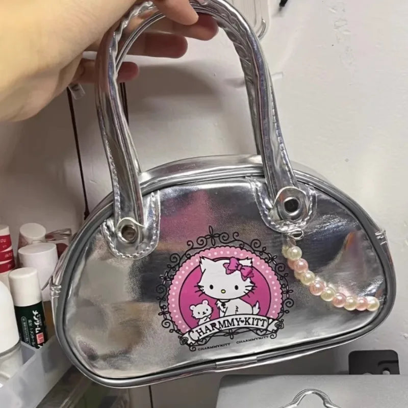 Hello Kitty Women Handbag Silver Small Vintage Summer Fashion Leather Boston Bag Pearl Sweet Cute Kawaii Cartoon Female Bag