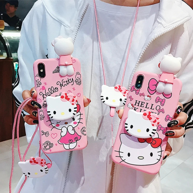 3D Hello Kitty Phone Holder Cartoon Case For iPhone 16 15 14 Plus 13 12 11 Pro Max Mini Toy With Strap Rope Lanyard Cover