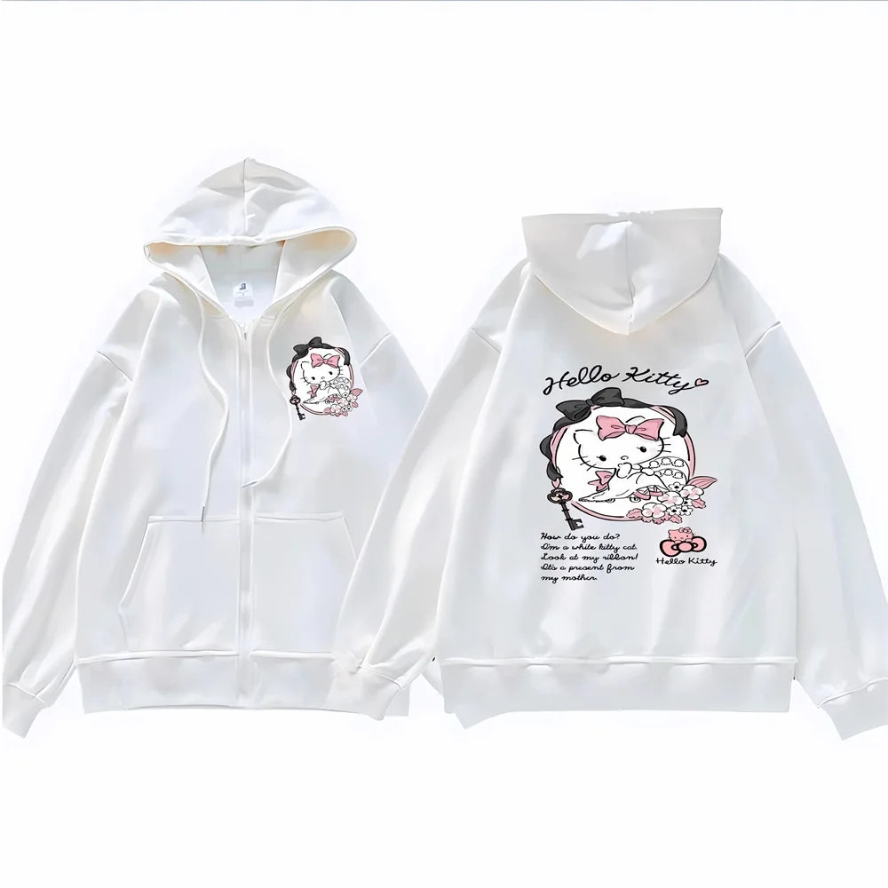 Anime Cute Printed Hoodies Women Cartoon Hello Kitty Y2k Korean Students Loose Sweatshirt Fashion Sweet Cardigan Clothing