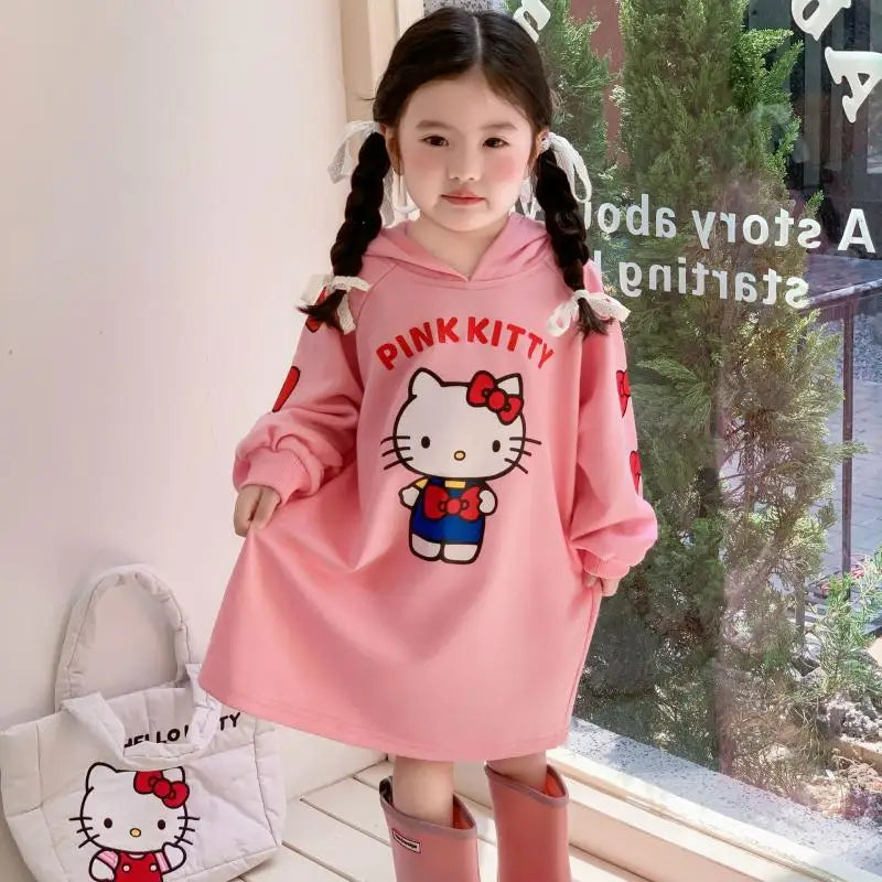 Hello Kittys Girl Hooded Sweatshirt Dress Anime Kawaii Cartoon Long Sleeves Autumn Winter Sportswear Child Clothing