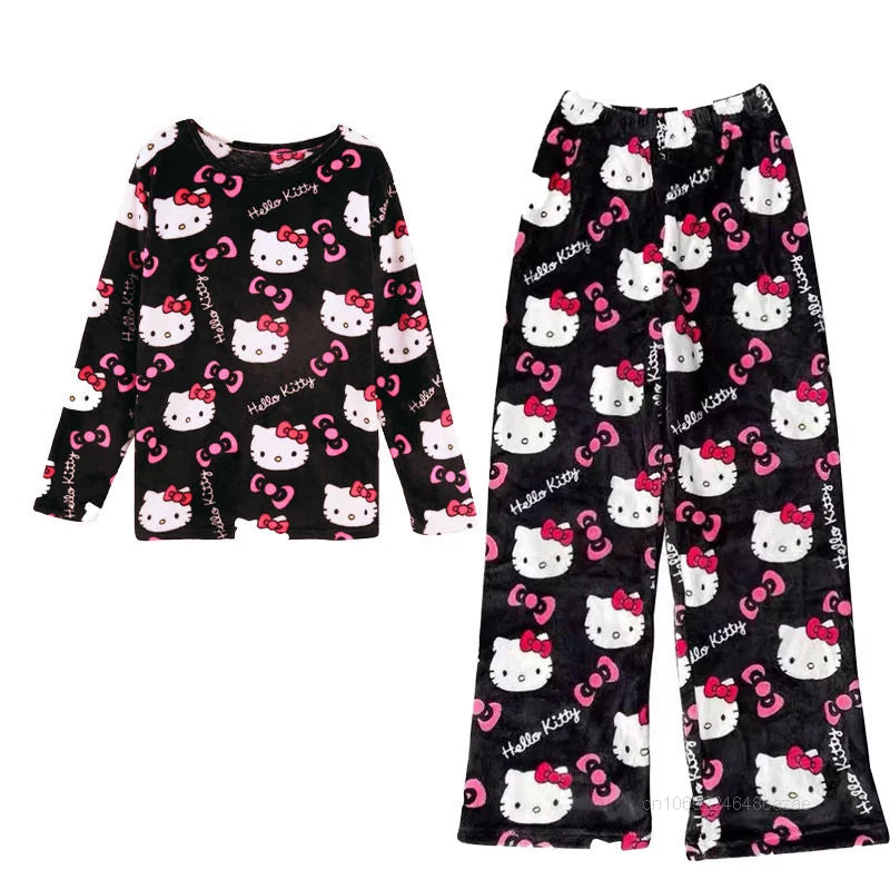 Sanrio Hello Kitty Women Autumn Winter Pajamas Thickened Flannel New Cartoon Home Suit Set Japanese Style Casual Trend Sleepwear