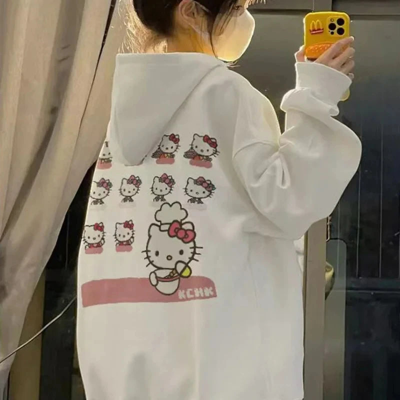 Y2K Women's Sweatshirt Cute Kawaii Hello Kitty Pattern Hoodie Women's Korean Style Autumn and Winter New Warm Loose Top