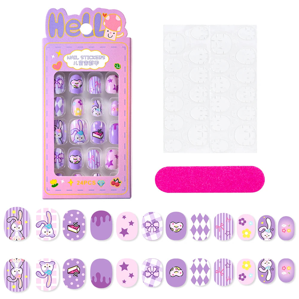 24Pcs Cartoon Hello Kitty Press on Nails Sanrio Series Pink/Blue/Purple Kuromi Kawaii Fake Nail for 6 years+ School Girl