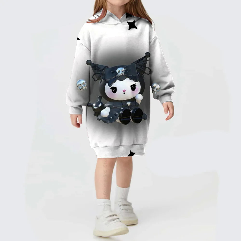 Toddler Kids Hello Kitty Kuromi print Hoodies Dresses for Girls Loose Casual Long Dress Infant Children O Neck Outfits Dress