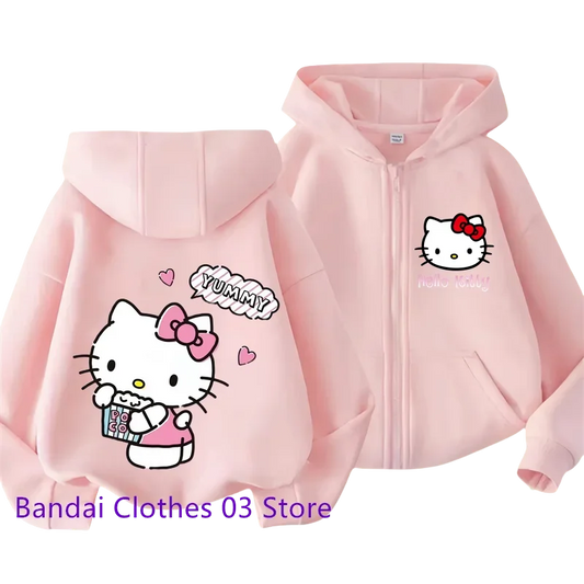 2025 Hello Kitty New Pin Zipper Hoodie Girls Sweatshirt Autumn/Winter Long Sleeve Jacket Harajuku Jumper Pin Casual Hoodie Top