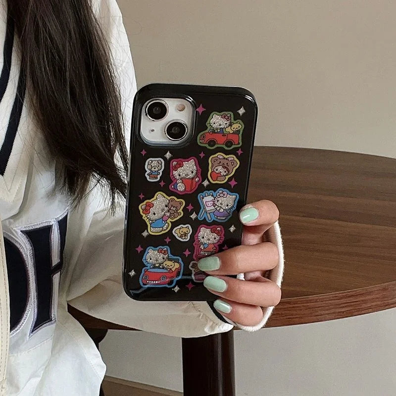 Cute Cartoon Hello Kitty Bling Glitter Phone Case For iPhone 16 15 14 13 12 11 Pro Max XR XS Max 7 8 Plus MINI Y2K Cover