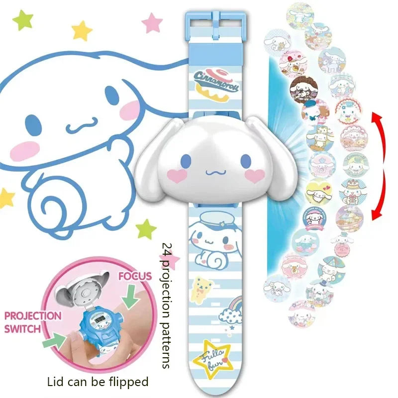 Hello Kitty Toys Set 24 Style 3D Projection Digital Watch Cinnamoroll Kuromi Melody Anime Action Figure Model Toy For Kid