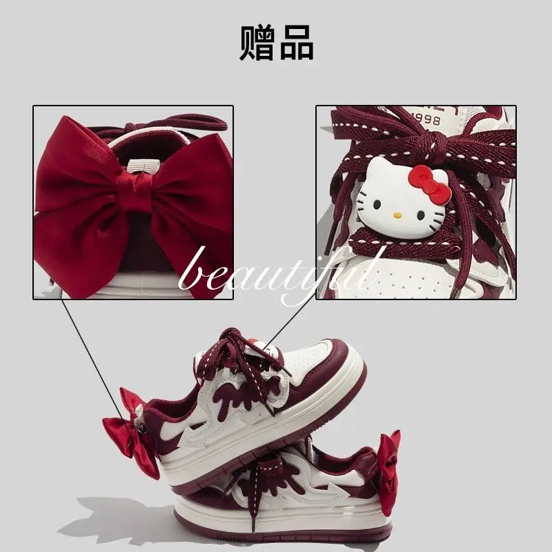 Original Hello Kitty Bow Platform shoe Off White Shoes Preppy Style Student Versatile Casual Platform Sneakers Women Shoes