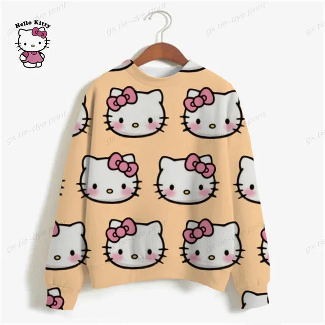 Korean Fashion Hoodies for Women Thin Chic Hooded HELLO KITTY Print Sweatshirt Female autumn Loose Cartoon Print Top y2k