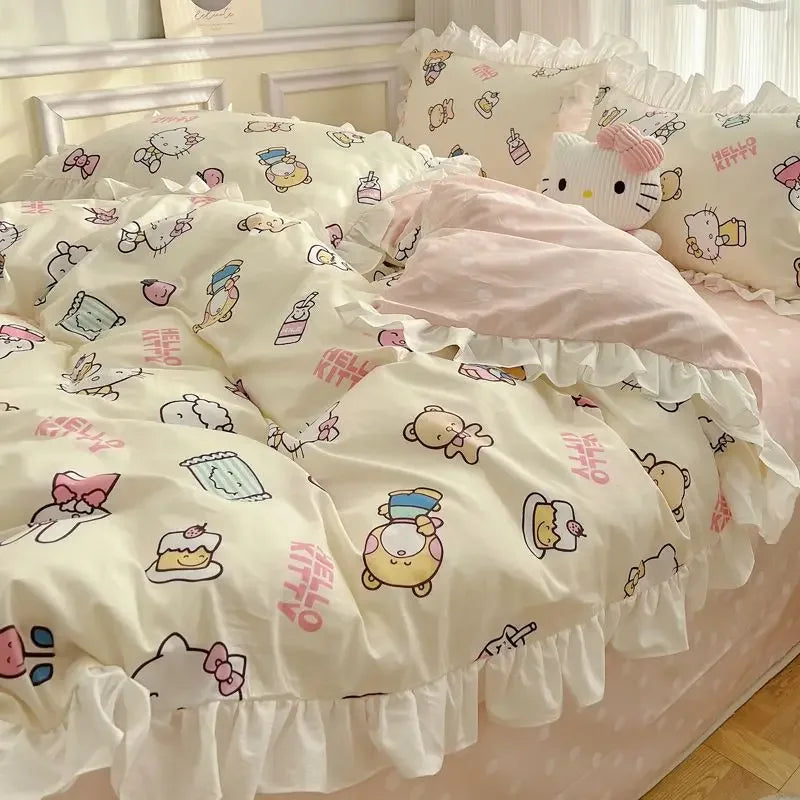 Hello Kitty Cinnamoroll My melody Kuromi new cute cartoon active printing pure cotton edge quilt cover bed sheet three-piece set