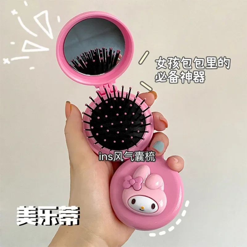 Hello Kitty Kuromi My melody Cartoon Animation Peripheral Girl Portable Folding Comb and Mirror Dual-Purpose Flip Kawaii Gift