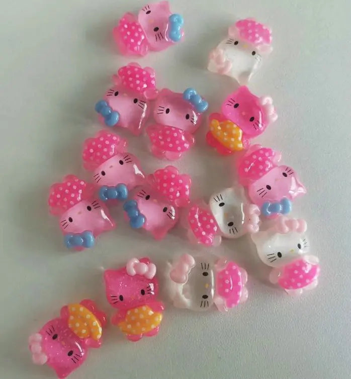 10Pcs Pink Bow Transparent Hello Kitty Nail Charms Accessories Cartoon Resin Flatback DIY Jewelry Decoration