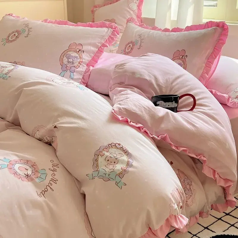 Hello Kitty Cinnamoroll My melody Kuromi new cute cartoon active printing pure cotton edge quilt cover bed sheet three-piece set