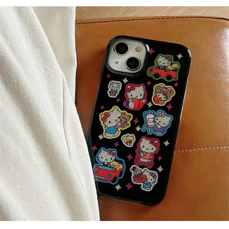 Cute Cartoon Hello Kitty Bling Glitter Phone Case For iPhone 16 15 14 13 12 11 Pro Max XR XS Max 7 8 Plus MINI Y2K Cover