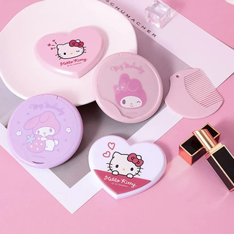 Hello Kitty My Melody Double Sided Folding Mirror Cute Portable Mirror Comb Integrated Mini Makeup Mirror Girl Gifts