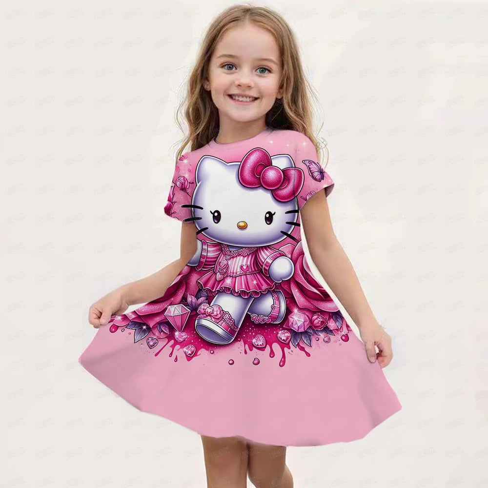 Hello kitty Kuromi Summer Dress Girl Dresses Children Dresses Miniso Cosplay 3d Cartoon Print Cute 2024 Girl Clothing Vestidos