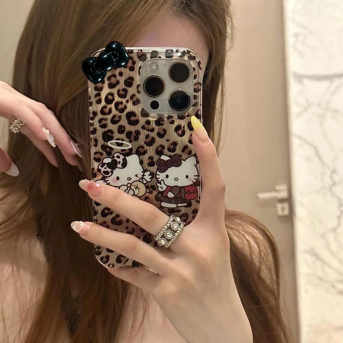 Fashion Leopard Print Hello Kitty Two KT Cat For iPhone 16 15 14 13 12 11 Pro Max XR XS 8 Plus Soft Anti Drop Silicone Cover Y2k