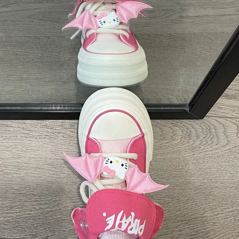 Hello Kitty High Top Canvas Skateboard Sneakers with Bat Wings Clips for Women Trendy New Thick Sole Lace-up Cute Board Shoes