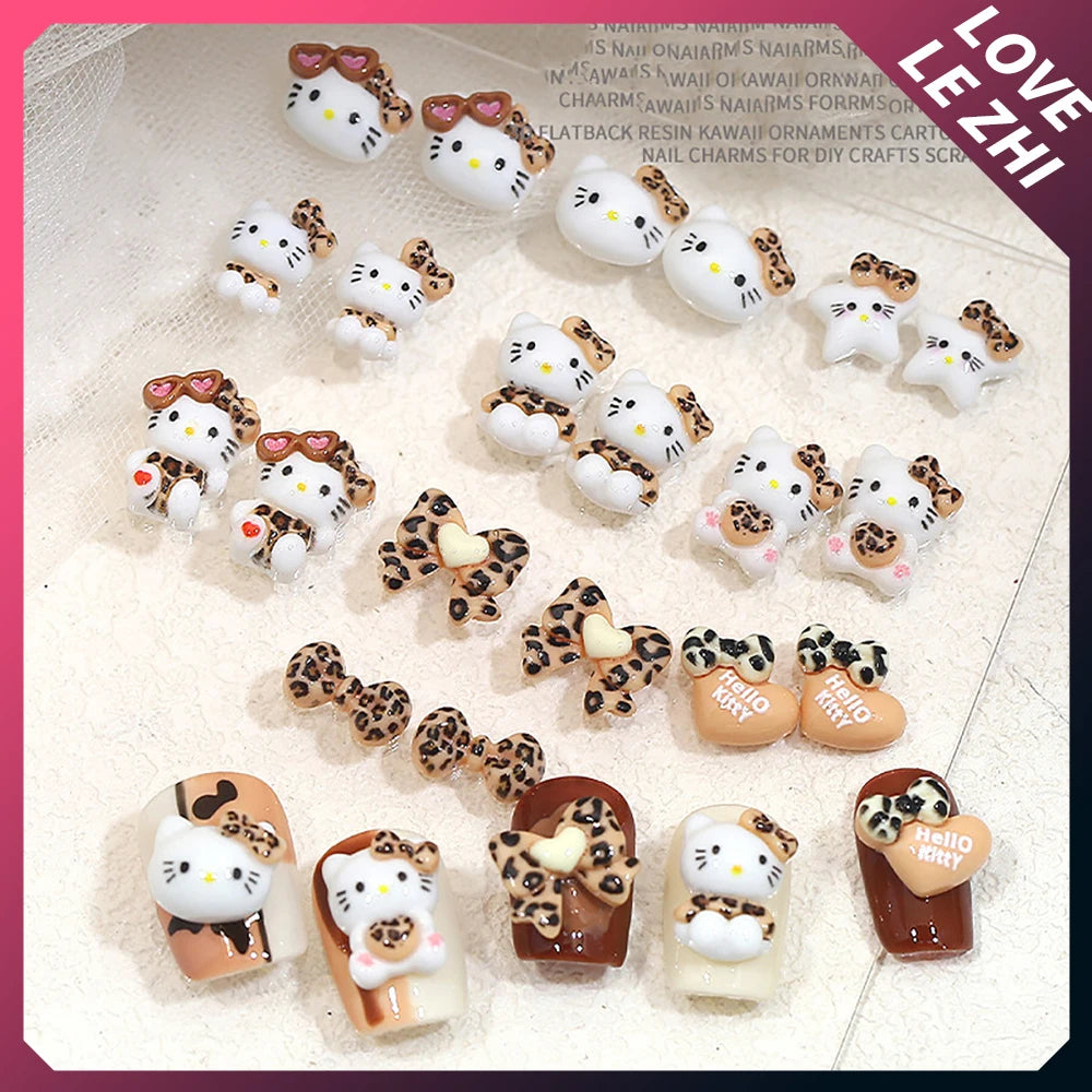 20 PCS Mixed Kawaii Leopard Print Hello Kitty Nail Art Decor Large Bow Sunglasses Heart Resin Nail Art Charms Accessories Gifts