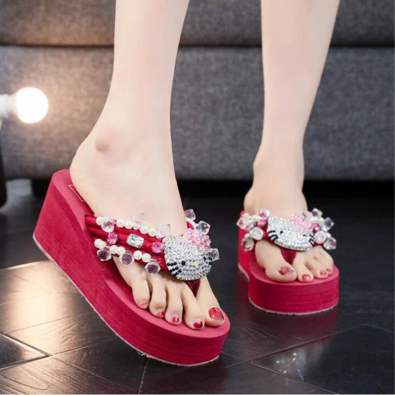 Kawaii Hello Kitty Soft Flip Flop Sandals Beach Slides Shoes Women Casual Wedge High Heels Platform Slippers Ladies