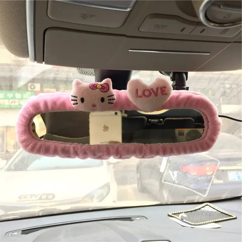 Hello Kitty Car Rearview Mirror Cover Cartoon Flannel Auto Rear View Mirror Decoration Automotive Interior Accessories