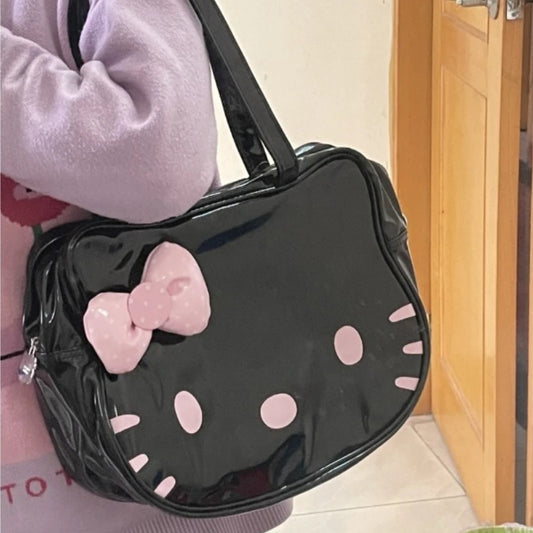 Hello Kitty Womens Shoulder Bag Black Leather Cute Bow Harajuku Fashion Cartoon Tote Bag New Style Casual Female Handbag