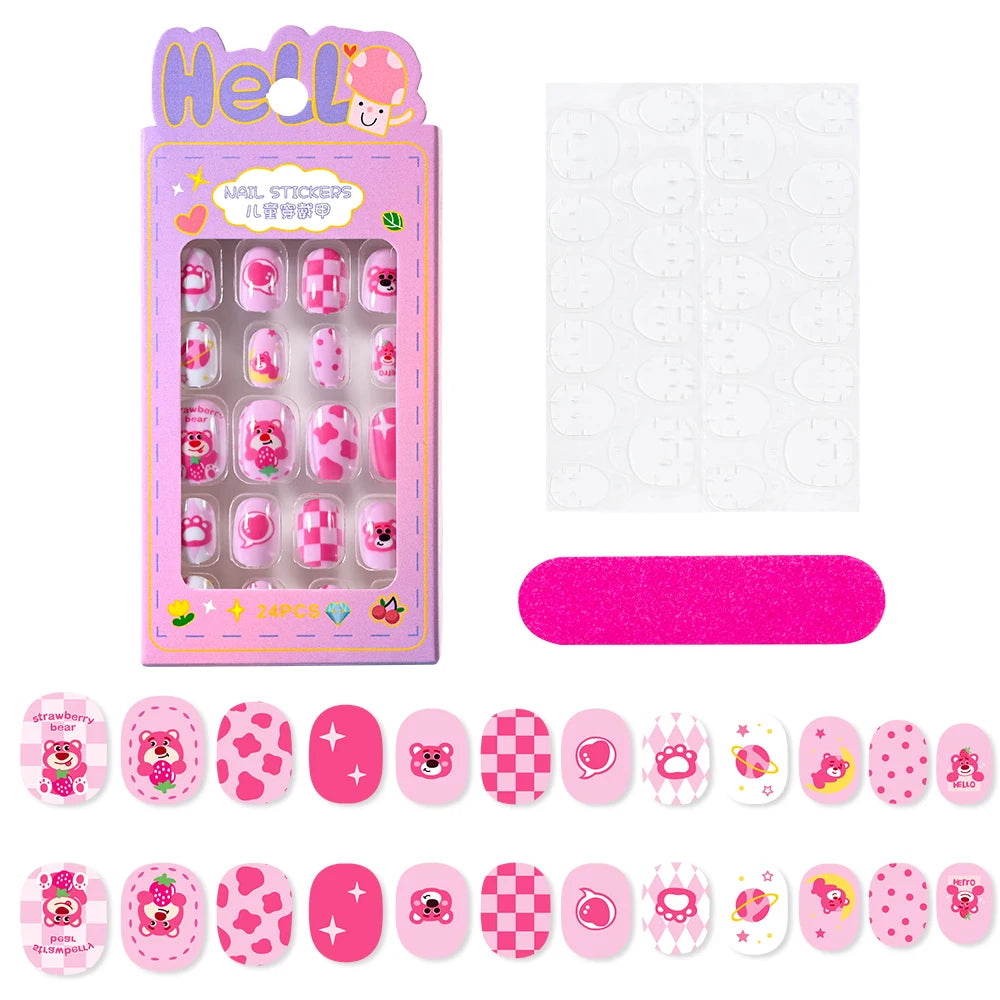 24Pcs Cartoon Hello Kitty Press on Nails Sanrio Series Pink/Blue/Purple Kuromi Kawaii Fake Nail for 6 years+ School Girl