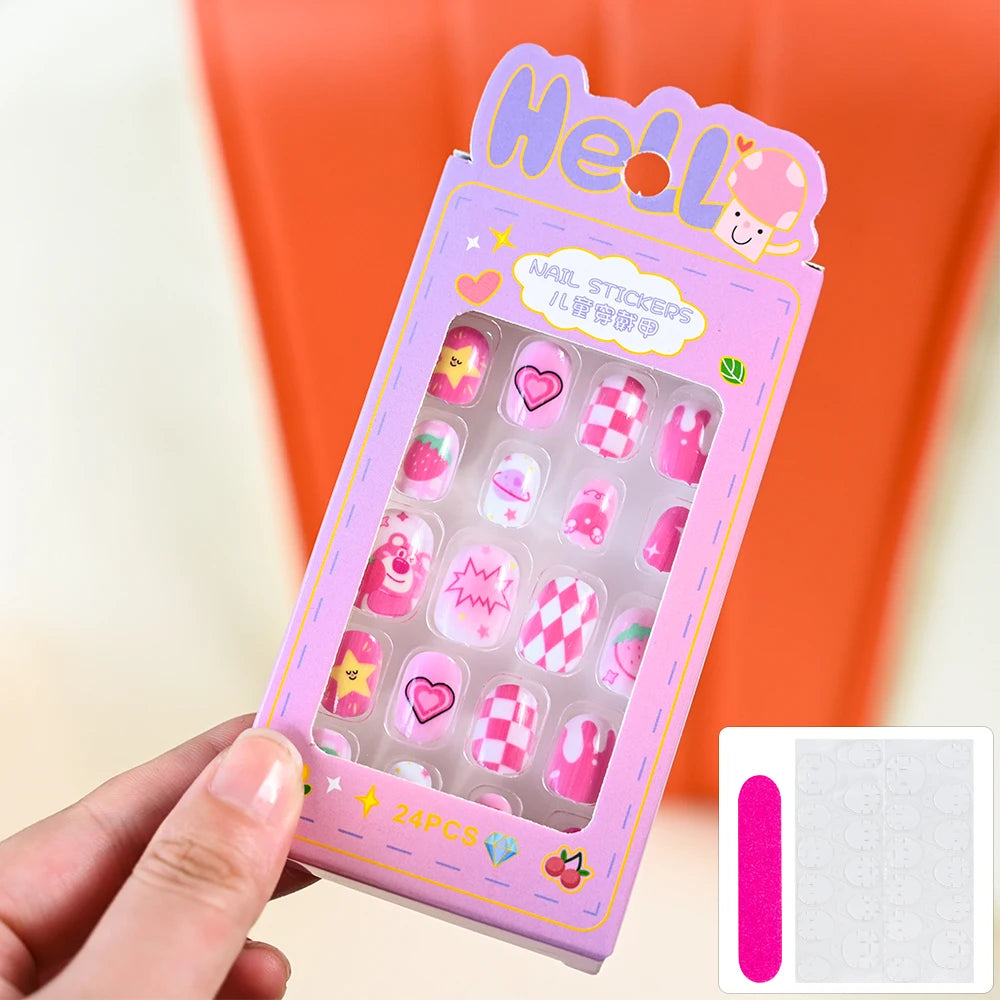 24Pcs Cartoon Hello Kitty Press on Nails Sanrio Series Pink/Blue/Purple Kuromi Kawaii Fake Nail for 6 years+ School Girl