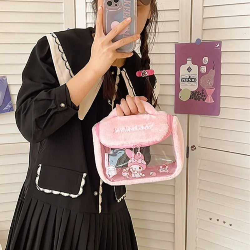 Plush Makeup Bag Kawaii Anime Hello Kitty Kuromi Melody Portable Large Capacity Storage Bags Cute Cartoon Cosmetic Bags