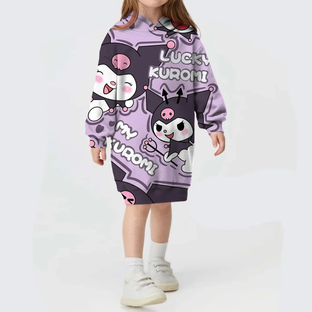 Winter Autumn Kids Girl Dress Hooded Children's Clothing Hello Kitty Kuromi print Loose Dress Long Sleeve Toddler Girl Outerwear