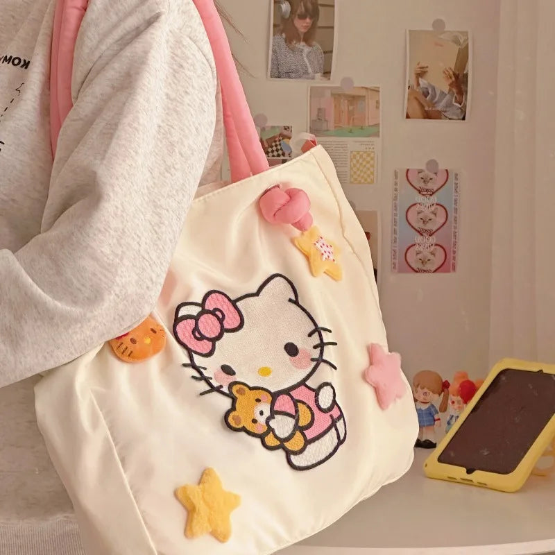 Hello Kitty Womens Tote Bag Embroidery Nylon Large Capacity Cute Cartoon Shoulder Bag Casual Commuter Travel Female Handbag